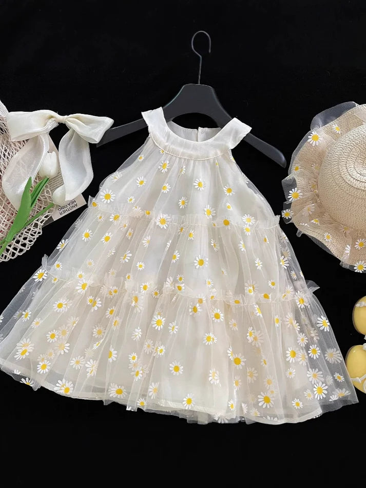 Vestido Infantil De Tul Con Margaritas