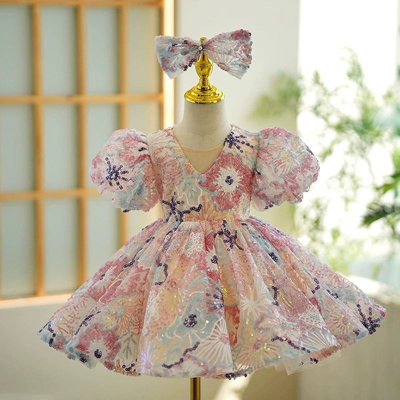 Vestido Infantil de Fiesta Floral con Lazo