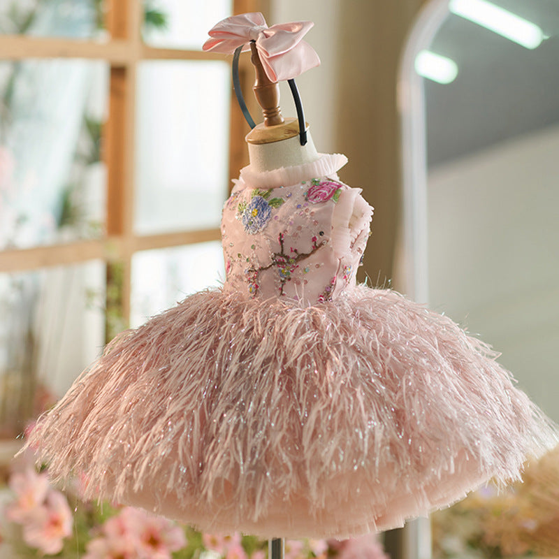 Vestido de Festa Infantil Floral de Plumas