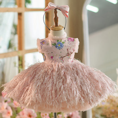 Vestido de Festa Infantil Floral de Plumas