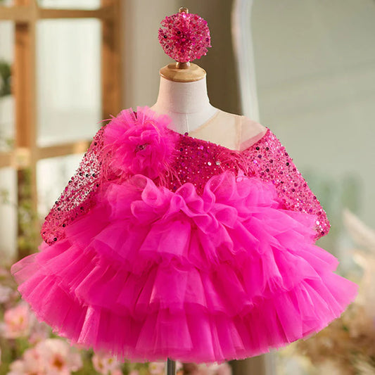 Vestido Infantil con Lentejuelas Rosas y Capas