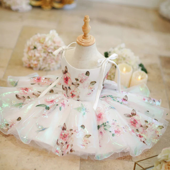 Vestido Infantil de Fiesta con Flores y Tirantes con Lazo