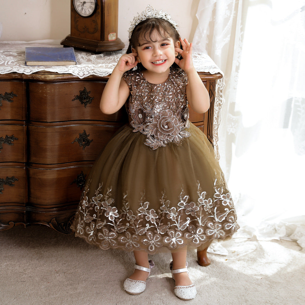 Vestido de Fiesta Infantil Tul Brillante y Flores