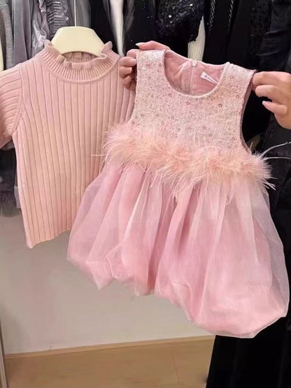 Conjunto Infantil Vestido Plumas + Blusa Perla