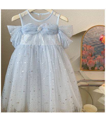 Vestido de Princesa Azul Brillante Para Niñas