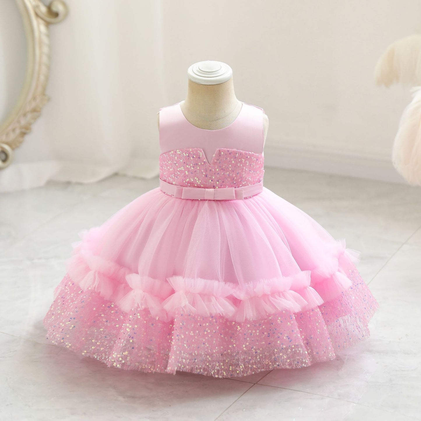 Vestido de Fiesta Infantil de Tul Brillante y Lazo