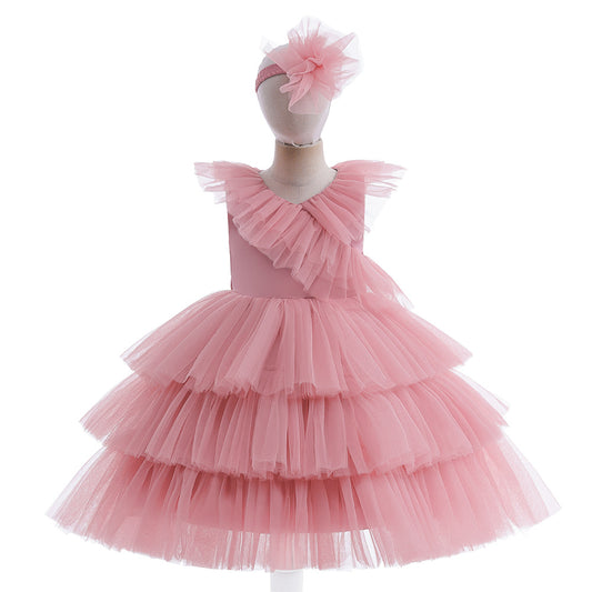 Vestido infantil de tul a capas con lazo
