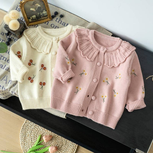 Cárdigan Infantil con Cuello y Flores