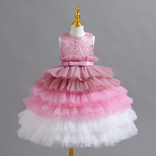 Vestido infantil de tul escalonado brillante