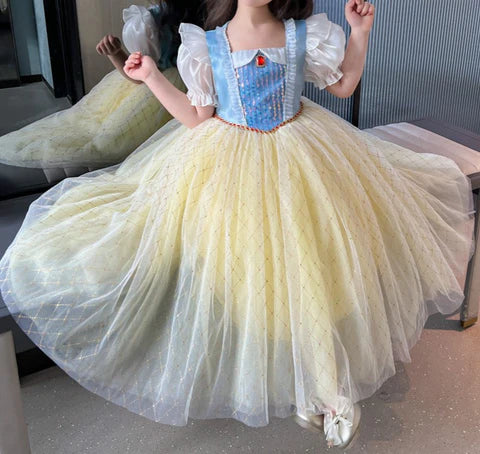 Vestido infantil de princesa amarillo y azul
