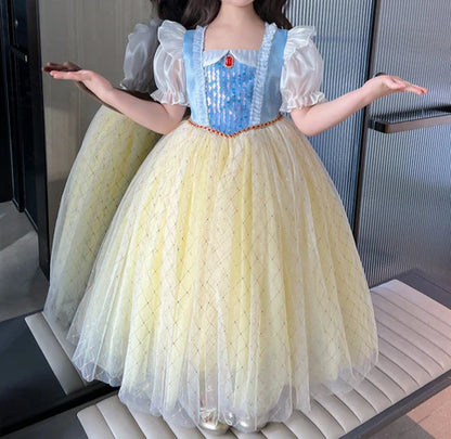 Vestido infantil de princesa amarillo y azul