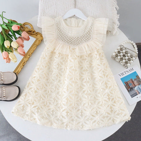 Vestido Infantil Cuello Flores y Perlas
