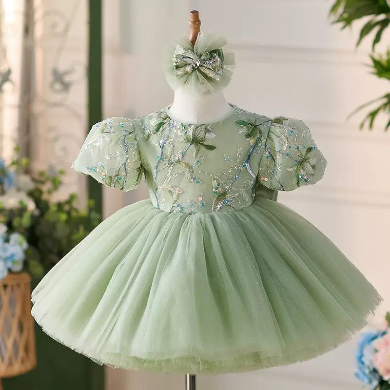 Vestido de fiesta infantil verde brillante