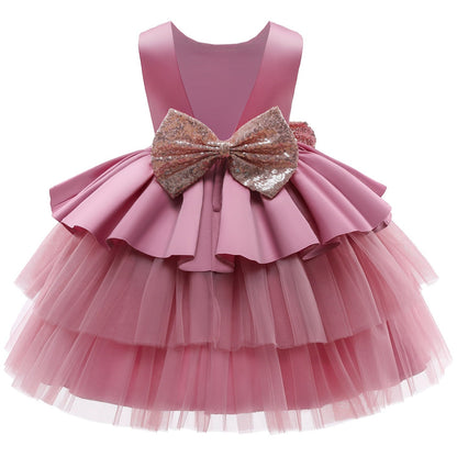 Vestido de Fiesta Infantil Volantes y Lazo Dorado