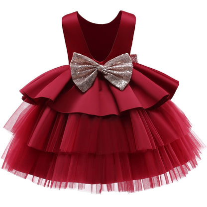 Vestido de Fiesta Infantil Volantes y Lazo Dorado