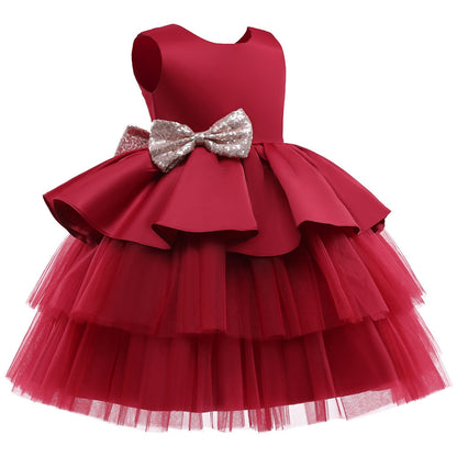 Vestido de Fiesta Infantil Volantes y Lazo Dorado