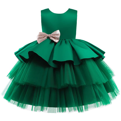 Vestido de Fiesta Infantil Volantes y Lazo Dorado