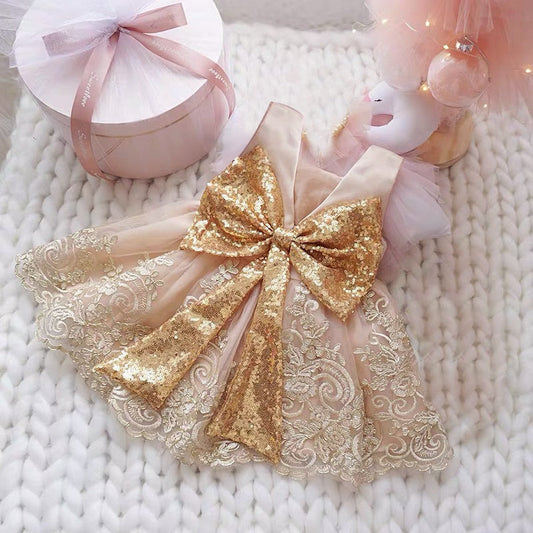 Vestido Fiesta Infantil Encaje Dorado