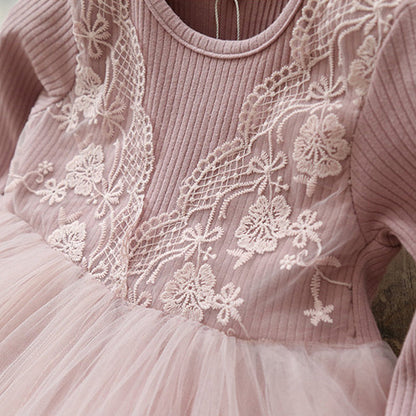 Vestido Infantil Beige Manga Larga Encaje y Tul