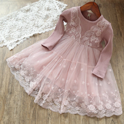 Vestido Infantil Beige Manga Larga Encaje y Tul