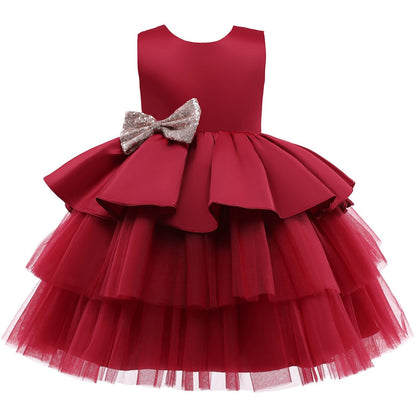 Vestido de Fiesta Infantil Volantes y Lazo Dorado