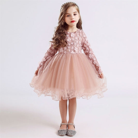 Vestido de Fiesta Infantil Manga Larga Flores