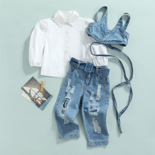 Conjunto Tres Piezas Camisa Manga Larga, Chaleco y Jeans