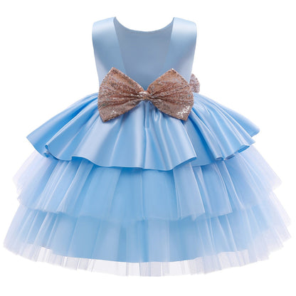Vestido de Fiesta Infantil Volantes y Lazo Dorado