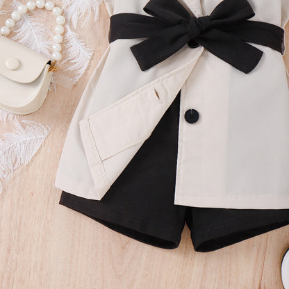 Conjunto de 4PCS Verano 4-7T (Top, corto, chaleco, abrigo con cinturón y sombrero)