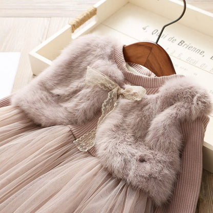Vestido Infantil De Tul Con Chaleco De Piel
