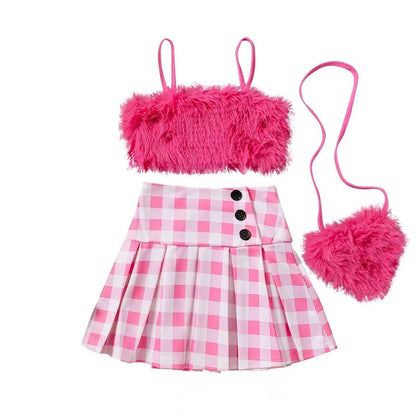 Conjunto infantil femenino de felpa y falda de ajedrez.