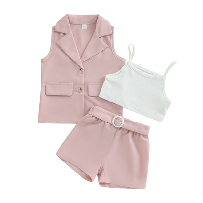 Conjuntos de verano de 3 piezas: blazer + tops tipo camisola + pantalones cortos con cinturón 2-7T