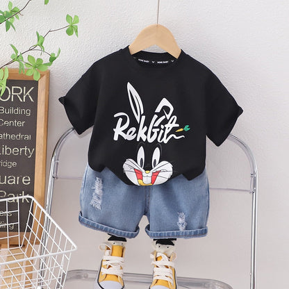 Conjunto Camiseta De Manga Corta Conejo De Dibujos Animados Pantalones Cortos De Mezclilla Con Agujeros