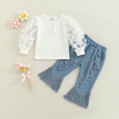 Conjunto de traje de primavera y otoño para niños pequeños, camisetas de malla de manga larga, camisa + pantalones acampanados con borlas de mezclilla