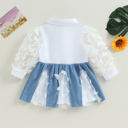 Vestido transparente con solapa y manga larga con estampado de mariposas