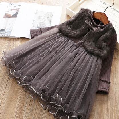 Vestido Infantil De Tul Con Chaleco De Piel