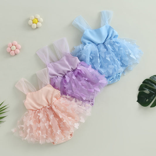 Vestido mameluco, tul mariposa sin mangas