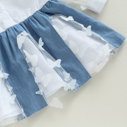 Vestido transparente con solapa y manga larga con estampado de mariposas