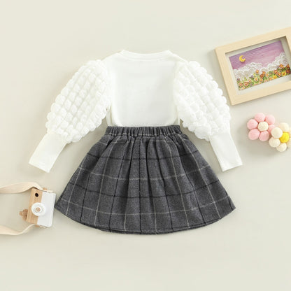 2 piezas primavera otoño, camiseta de manga larga abullonada + conjunto de falda plisada con botones
