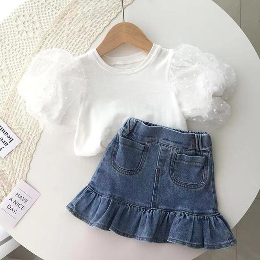 Conjunto de verano para niños, camiseta con manga de burbuja, falda de cola de pez envuelta en la cadera, conjunto de dos piezas