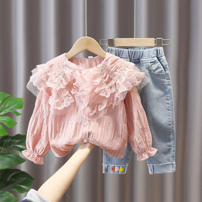 Ropa de otoño para niños y niñas, Tops de encaje con solapa dulce, conjunto de pantalones vaqueros, traje de 2 uds, chándal para niños, conjuntos de ropa para niñas