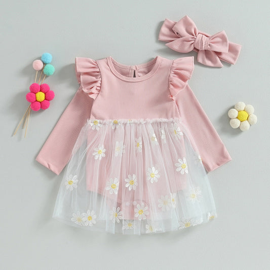 Vestido mameluco de manga larga con volante floral bordado
