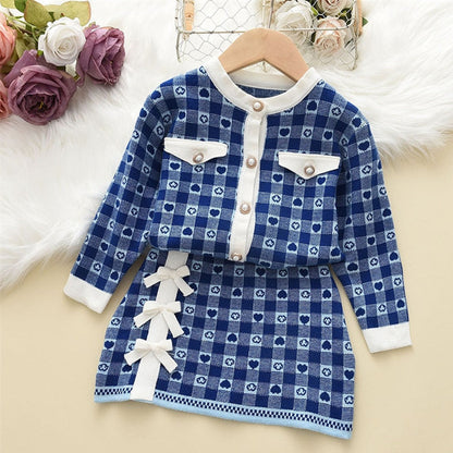 Conjunto Infantil Cárdigan Perlas + Falda Pajarita