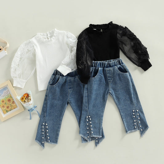 Conjunto de 2 piezas, pantalones vaqueros con abertura de flores y manga larga, pantalones con cuentas, traje de otoño
