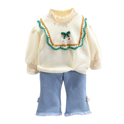 Conjunto de ropa de 2 piezas, sudadera de encaje bordado de manga larga, pantalones vaqueros lavados