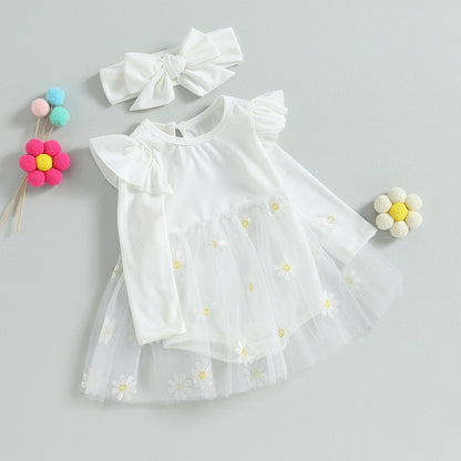 Vestido mameluco de manga larga con volante floral bordado