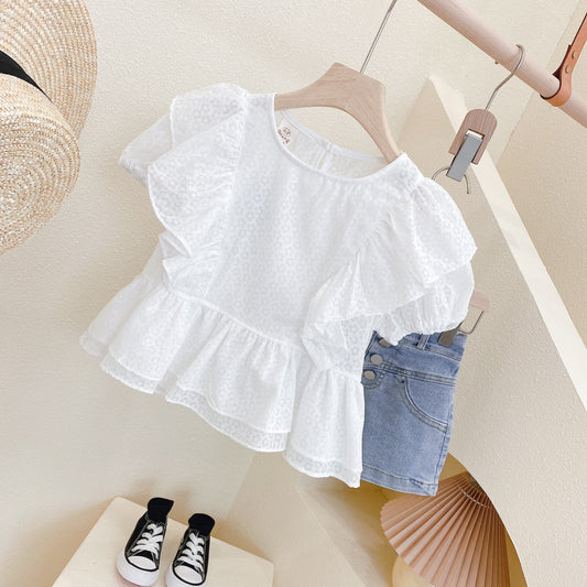 Conjunto Verano Nuevo Traje De Niña Top De Encaje Con Mangas Voladoras De Flores + Pantalones Cortos De Mezclilla