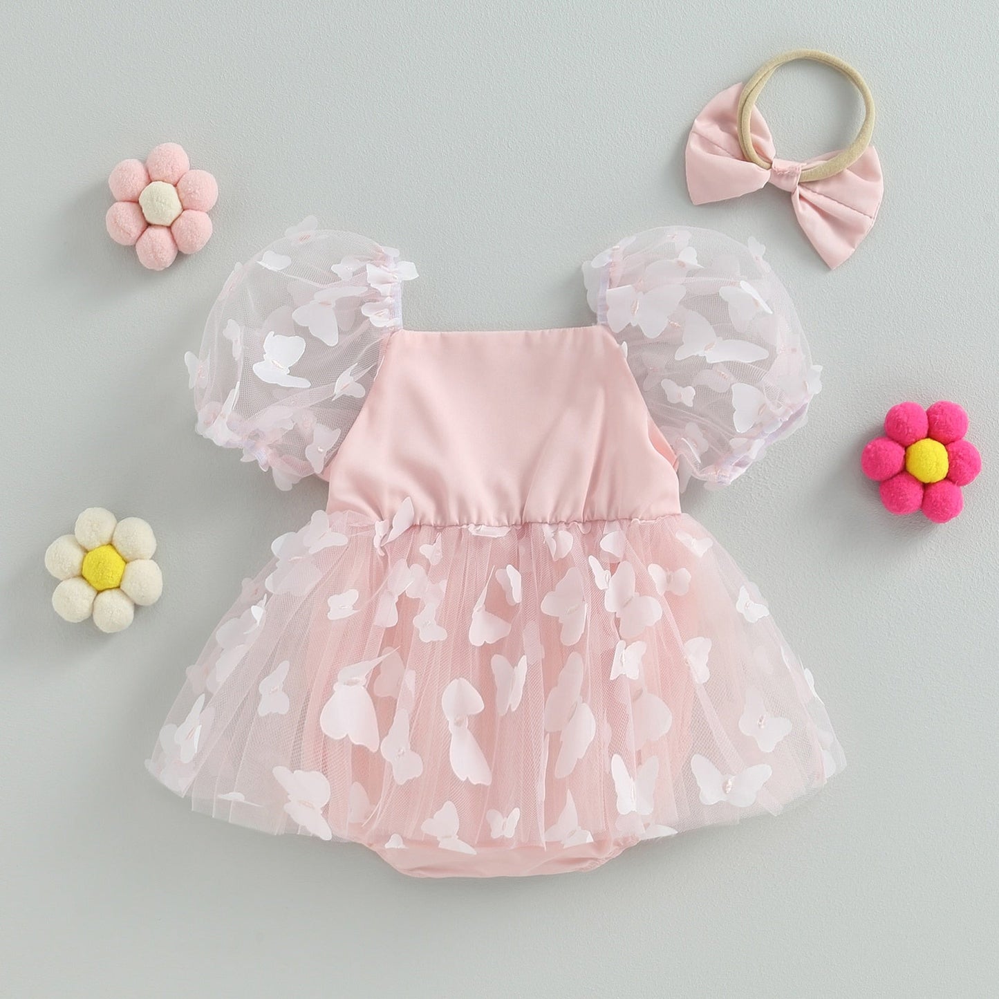 Vestido de mariposa mameluco con diadema con lazo conjunto de ropa de verano