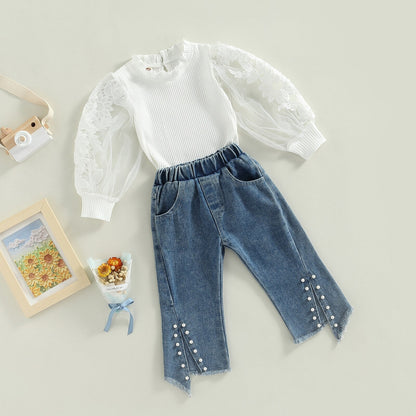 Conjunto de 2 piezas, pantalones vaqueros con abertura de flores y manga larga, pantalones con cuentas, traje de otoño