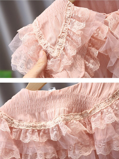 Ropa de otoño para niños y niñas, Tops de encaje con solapa dulce, conjunto de pantalones vaqueros, traje de 2 uds, chándal para niños, conjuntos de ropa para niñas